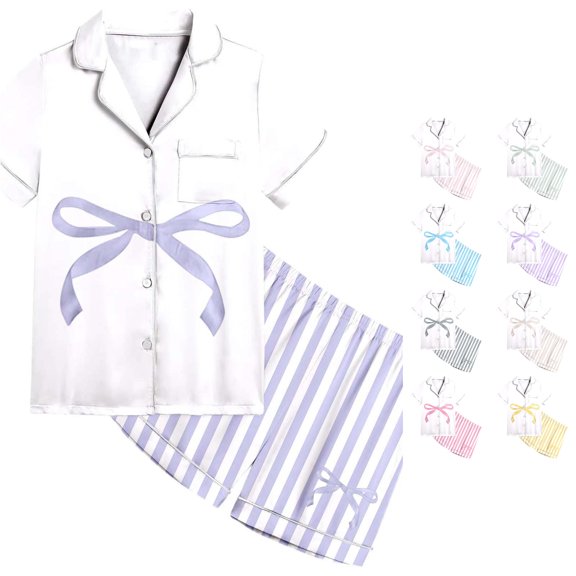 MEZZALL Girls Striped Print Pajamas Sets Short Sleeve Lapel Button Down Tops & Shorts Casual Sleepwear For Toddler Kids Comfortable Summer Nightwear Trendy Homewear