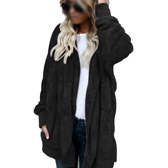 Oucaili Abrigo con capucha para mujer, chaqueta difusa de manga larga, cárdigan para mujer, forro polar suelto con frente abierto cálido
