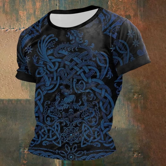 MAOQHI Mens Short Sleeve Casual Shirts Culture Norse Mythology Graphic T Shirt for Medieval Norse Gods Retro Viking Casual Tee
