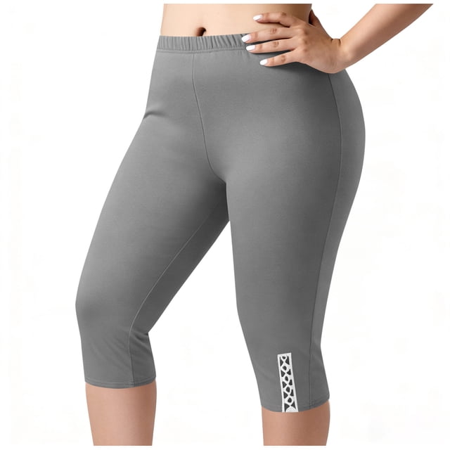 Plus Size Yoga Pants for Women Capri Length with Pockets Elastic Waist Solid Color Polyester 1Pc