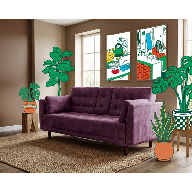 Sofá Cama de Velvet Makora Morado Modelo Zeppelin Con Portavasos
