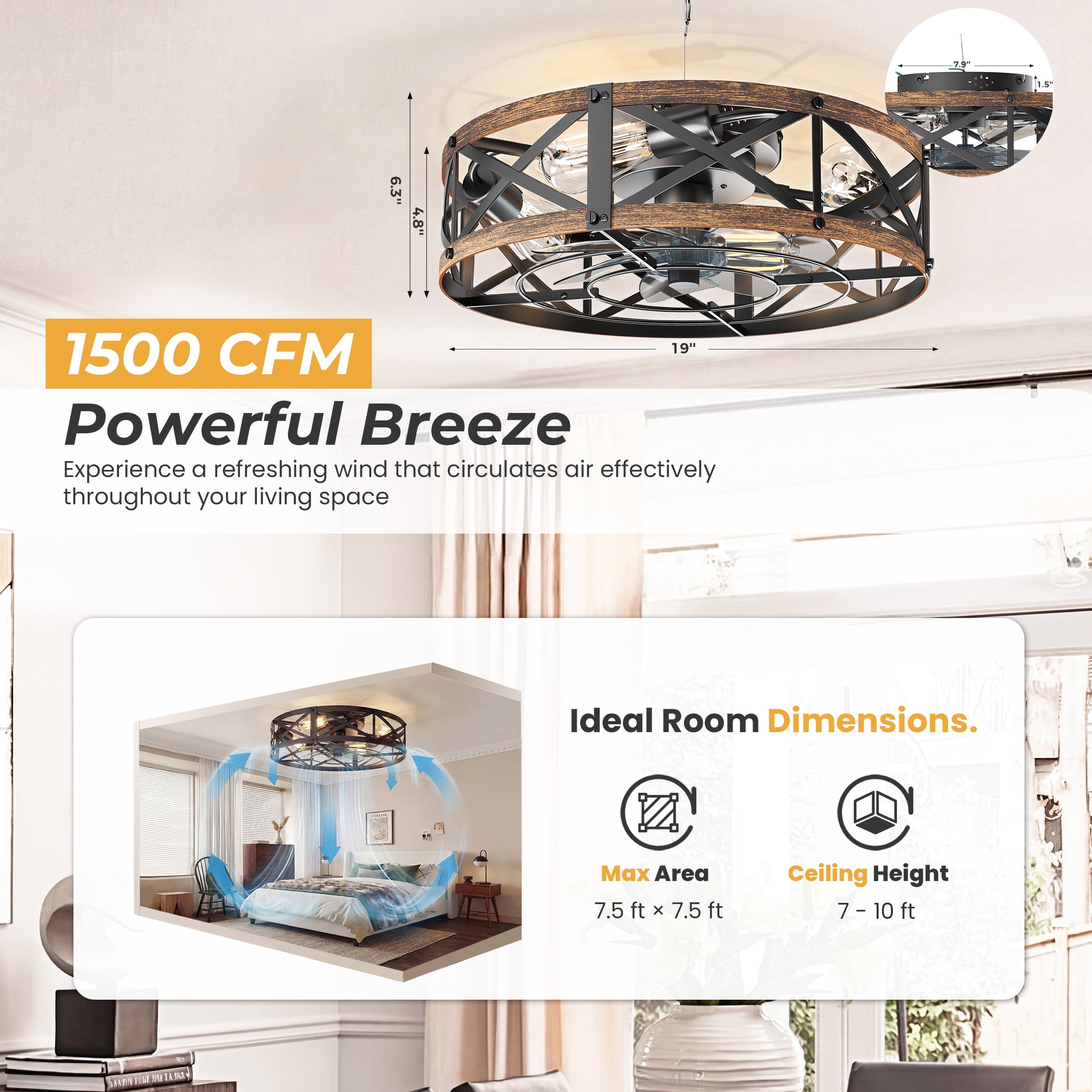 edx 19" Farmhouse Flush Mount Ceiling Fan with Light & Remote, Reversible Blades, Bladeless Safety Cage, 6 Speeds, 8H Timer, Rustic Low Profile Ceiling Fan for Bedroom Kitchen Living Room, Gold