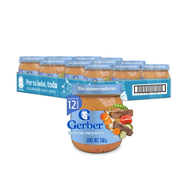 Gerber Papilla Etapa 4, A Partir de 12 Meses, Sin Conservadores, Res, Verduras y Arroz, Paquete de 12 Frascos de 250 g c/u