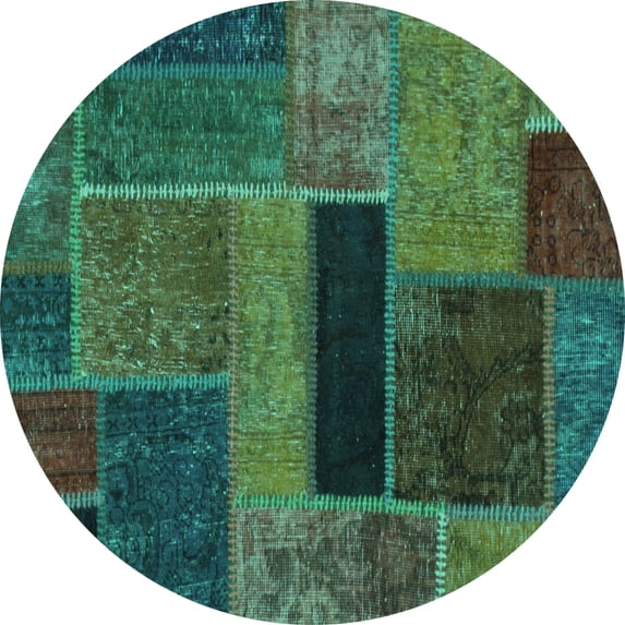 Ahgly Company Machine Washable Indoor Round Patchwork Turquoise Blue Transitional Area Rugs, 5' Round