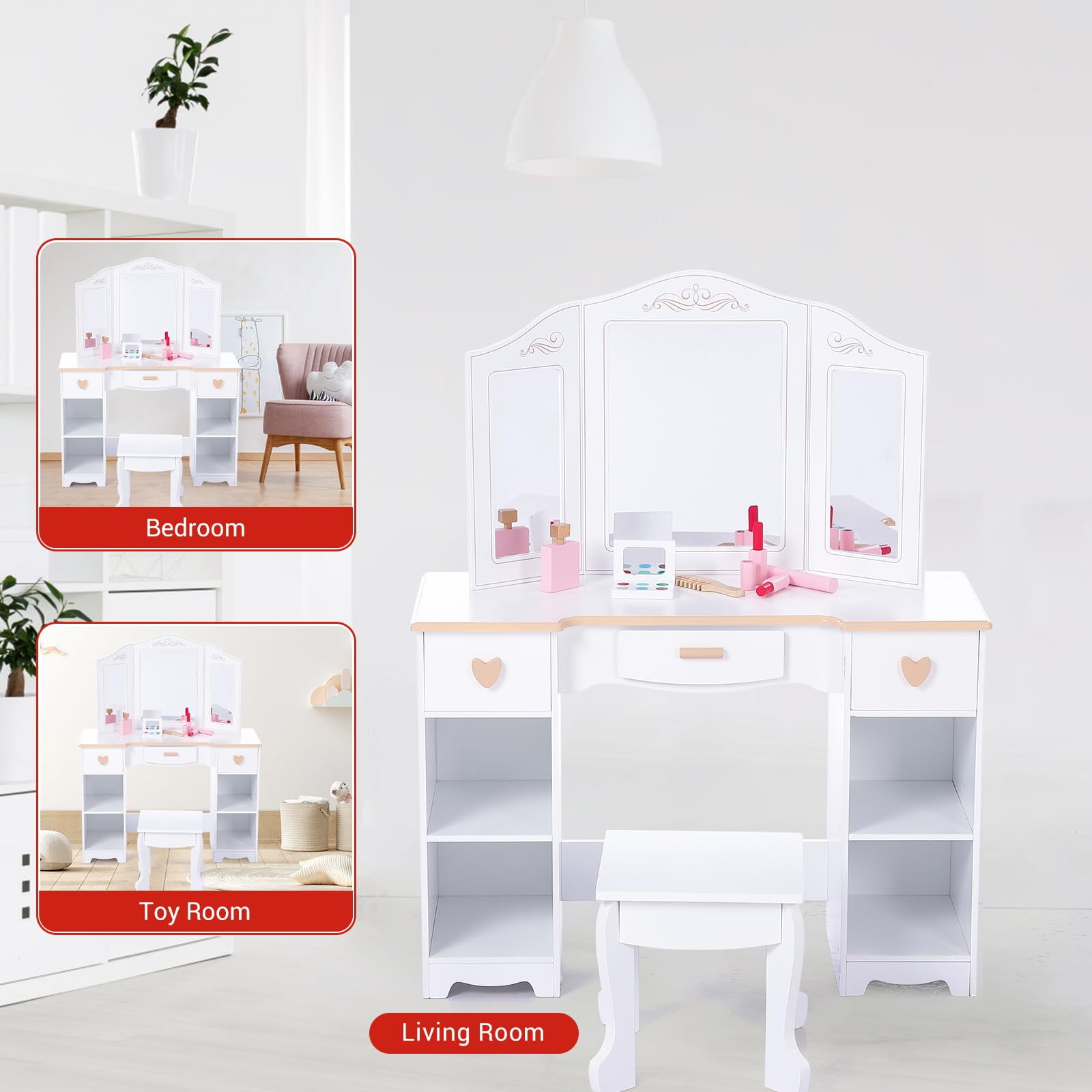 TROPOW Kids Vanity with Mirrors and Stool, Pretend Play Vanity Table Set, Princess Makeup Desk, Toddler Vanity Dressing Table with Storage Drawers and Open Shelves for Girls 3+, White