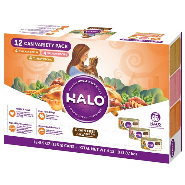 Halo Adult Wet Cat Food, Chicken, Salmon and Turkey Variety Pack, 5.5