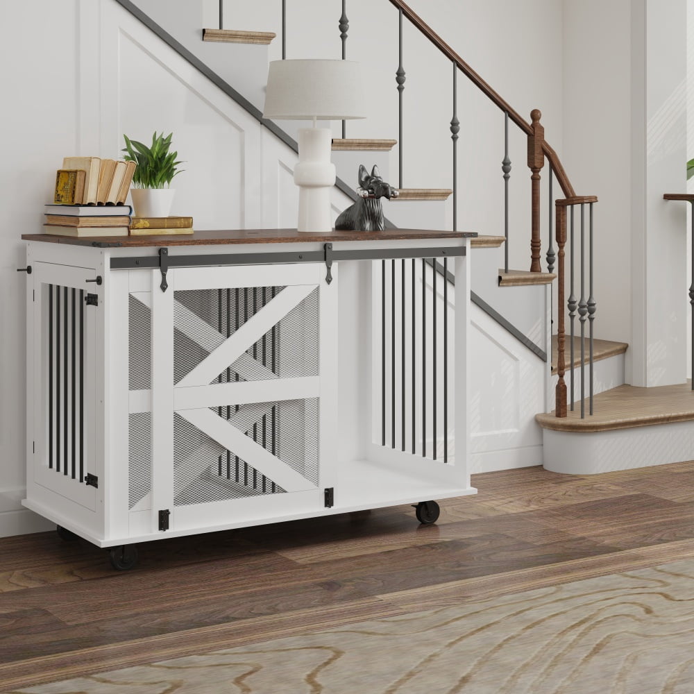 47.2" Double Dog Crate Furniture Mobile Pet Kennel Flip-Top Feeding Door 5 Casters with 2 Locking Wheels Side Hooks