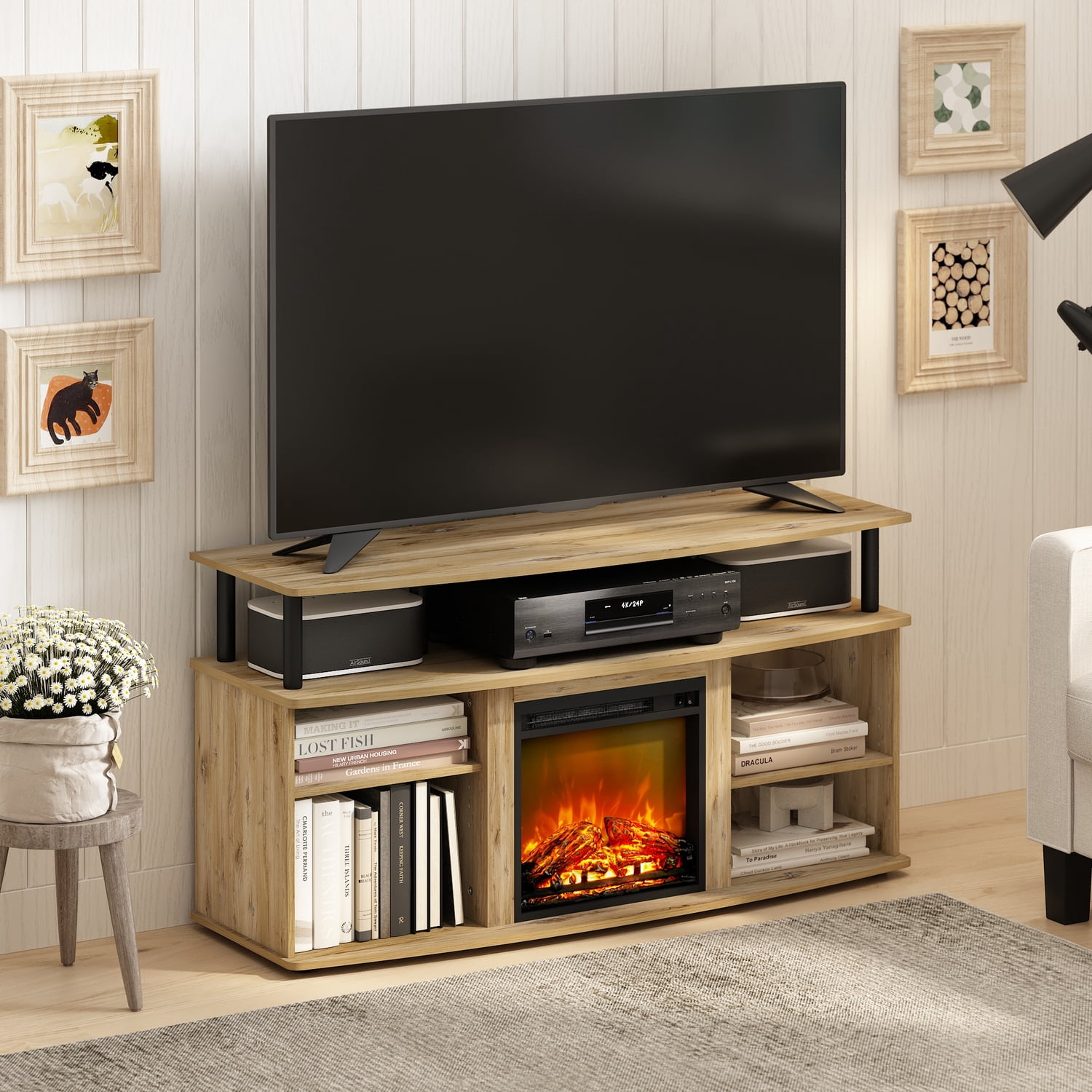 HomeStock Zen Zone Open Shelving Storage Fireplace Entertainment Center For Tv Up To 55 Inch, Flagstaff Oak/Black