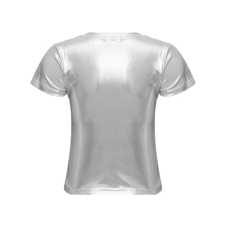 YEAHDOR Womens Metallic Shiny T-shirt Glossy Solid Color