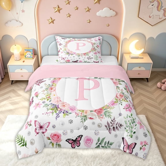 meiyoeat Pink Floral Butterfly Letter P Twin Comforter Sets for Girls, Cute Monogram Bedding Set, Pink Reversible, 2 Pieces, 1 Comforter and 1 Pillowcase