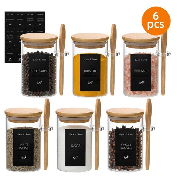 HRWGMUKVBG 6pcs 8oz Glass Airtight Jars with Bamboo Lids & Spoons, Kitchen Food Storage Canisters for Spices, Tea, Sugar & Pantry Organization