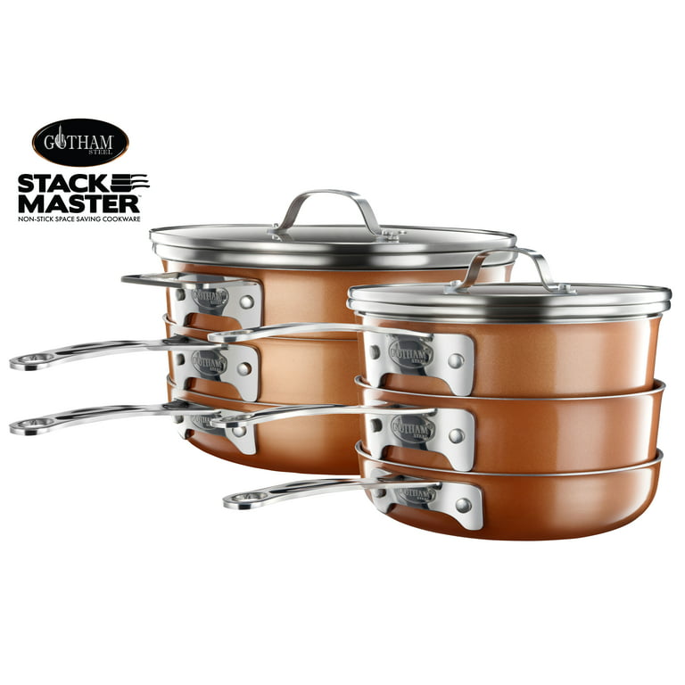 Gotham Steel Mini Stackmaster 5 Piece Cookware Set – Nonstick Personal  Sized Fry Pan, Sauce Pan, Wok and Grill/Griddle Pan, Nests for Easy  Storage