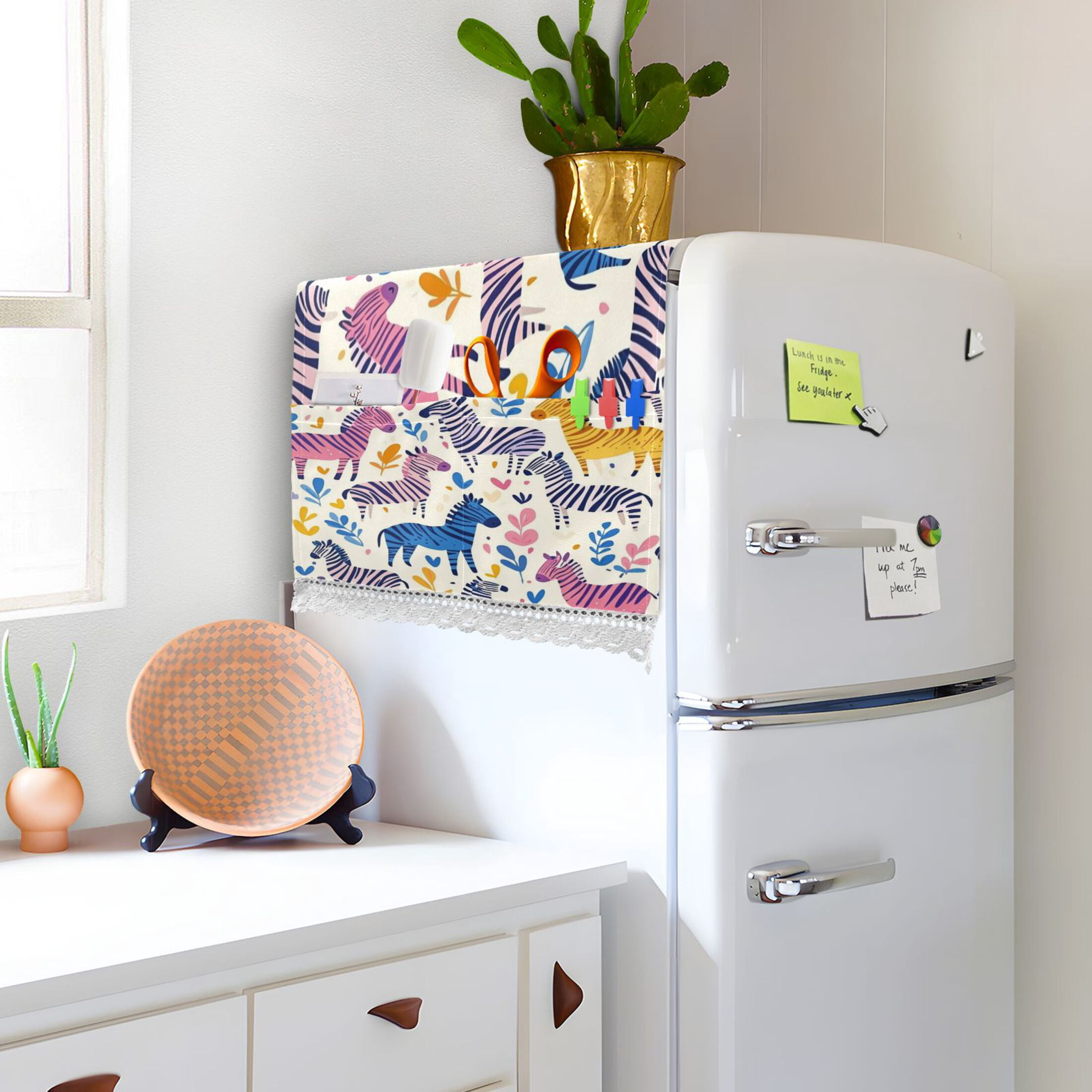 Colorful Lovely ZebraWasher and Dryer Covers Dust-Proof and Oil Resistant Fridge Cover with 4 Storage Pockets Washing Machine Top Cover for Laundry Kitchen Home 51.2 x 22 In