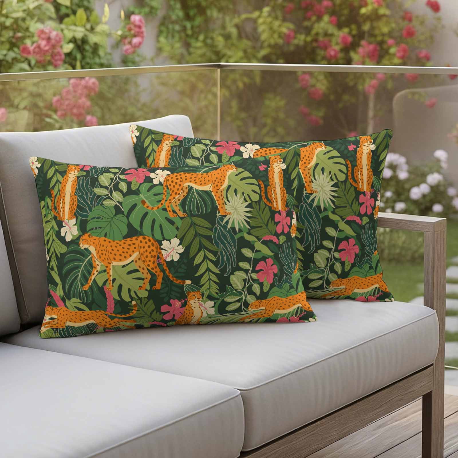 Tropical Plants Outdoor Waterproof Pillow Covers, Summer Botanical Animals Flowers Leaves Decorative Rectangle Throw Pillowcase Sofa Cushion Sham for Patio/Couch/Chair, 20"x12" 2 Pack