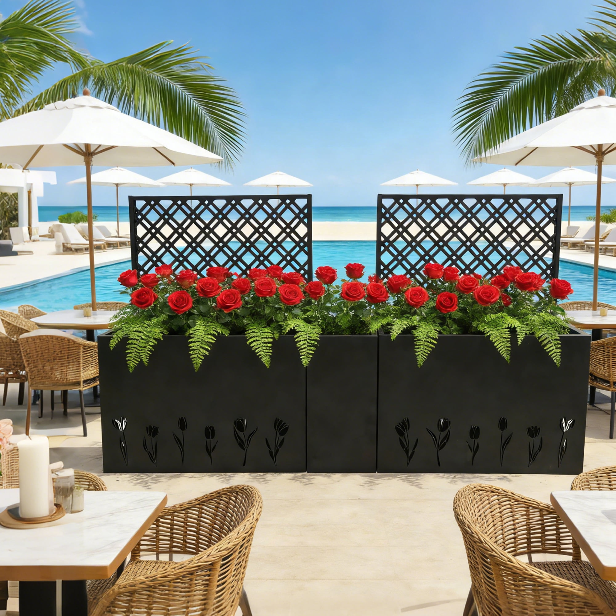 Mintazer Corner Metal Planter Box Set of 3 with Trellis & Tulip Pattern, Outdoor 47.3 in Raised Privacy Screen with Drainage Holes for Patio, Black