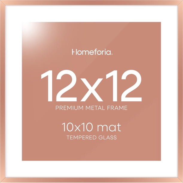 Homeforia Marco de fotos de 12 x 12, oro rosa, metal premium, marco de 12 x 12 con tapete para fotos de 10 x 10, marcos de 12 x 12 con tapete para fotos de 10 x 10, gancho de pared de vidrio templado