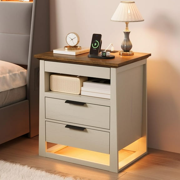 Rresyet Nightstand with Sensor LED Light and Charging Station, 24" Tall End Table with 3 Drawers, Modern Night Stand with Storage, Wooden Bedside Table for Bedroom. (White)
