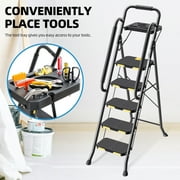 Kingrack 5 Step Folding Ladder for Adults, 800lbs Sturdy Steel Stool Ladder with Anti-Slip Pedal&Handrail&Tool Tray for Home Kitchen Office