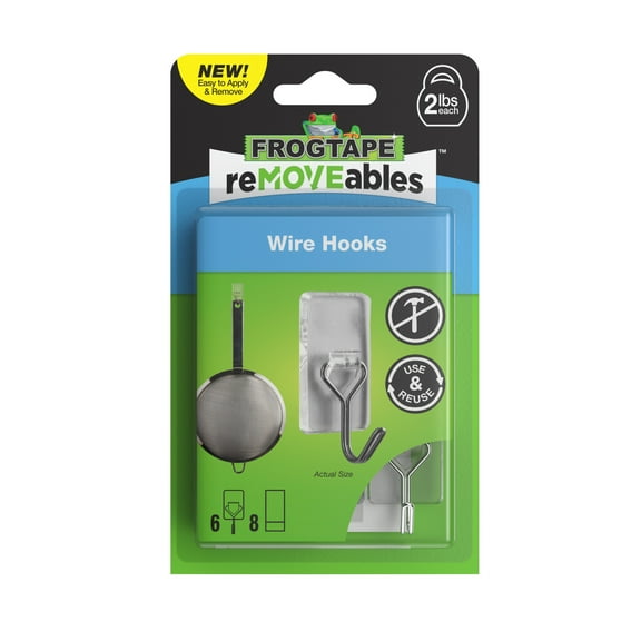 FrogTape reMOVEables Medium Clear Wire Hooks, 6 Hooks and 8 Adhesive Strips