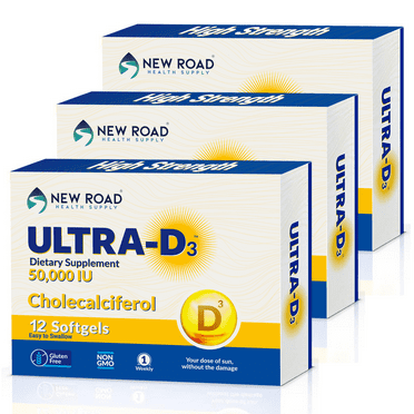 New Road Health Supply - Vitamin D 50000 IU, Once Weekly Dose, Easy to Swallow Vitamin D Softgel for Bones, Teeth, and Immune Support, Gluten Free, 12 Count, Pack of 3