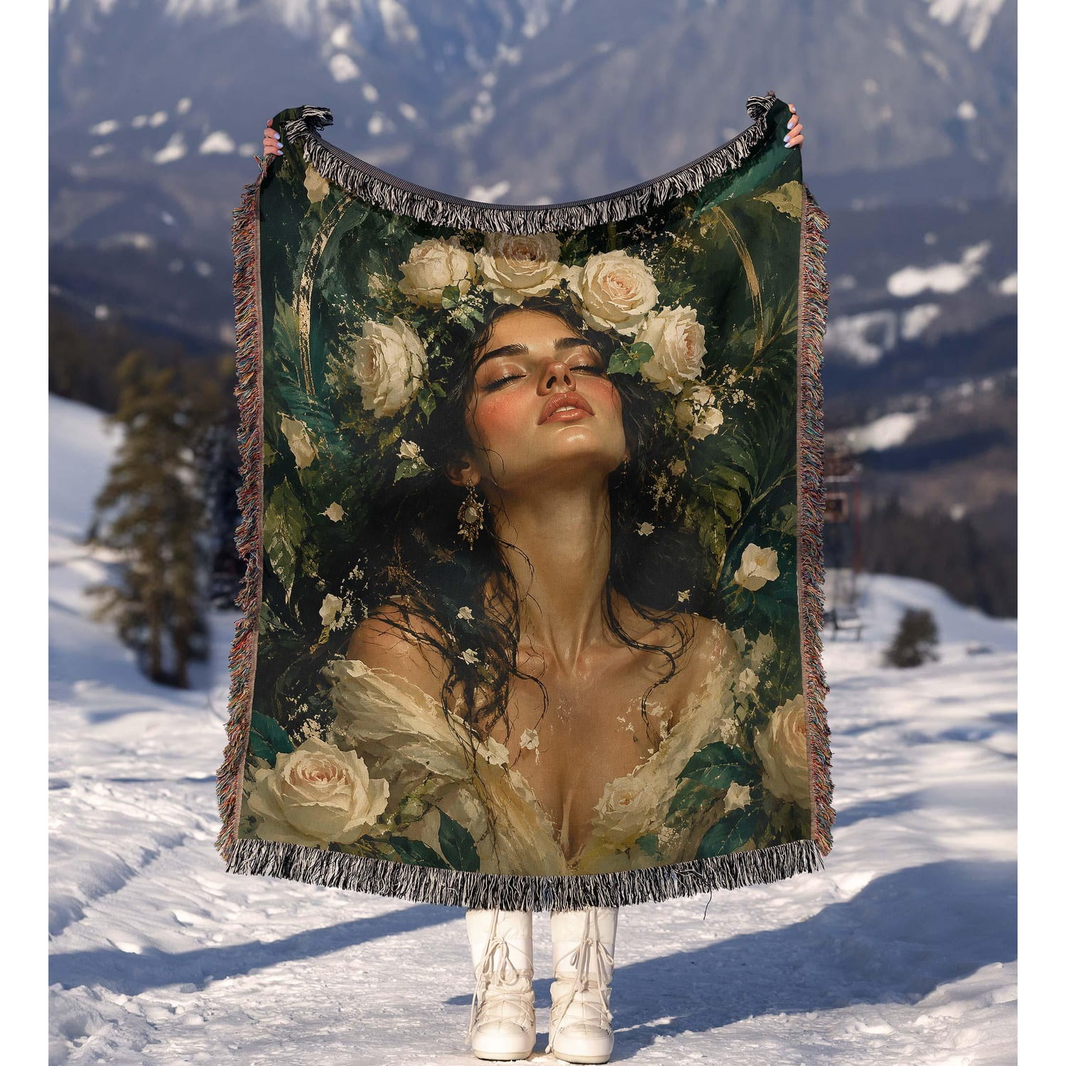 Botanical Rose Goddess Cotton Woven Throw Blanket with Fringe 60 x 50 in