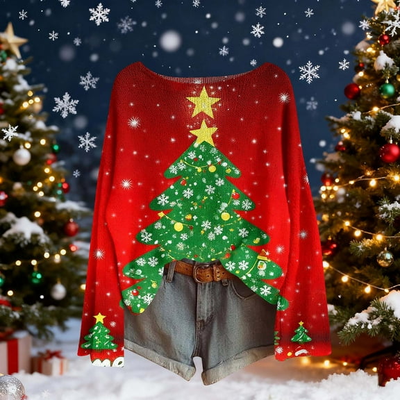 SYMOID Womens Green Christmas Knit Sweater - Off-Shoulder, Tree & Snowflake Design, Knitting Cotton, Soft Cozy, Loose Fit, S-XXL,Size S