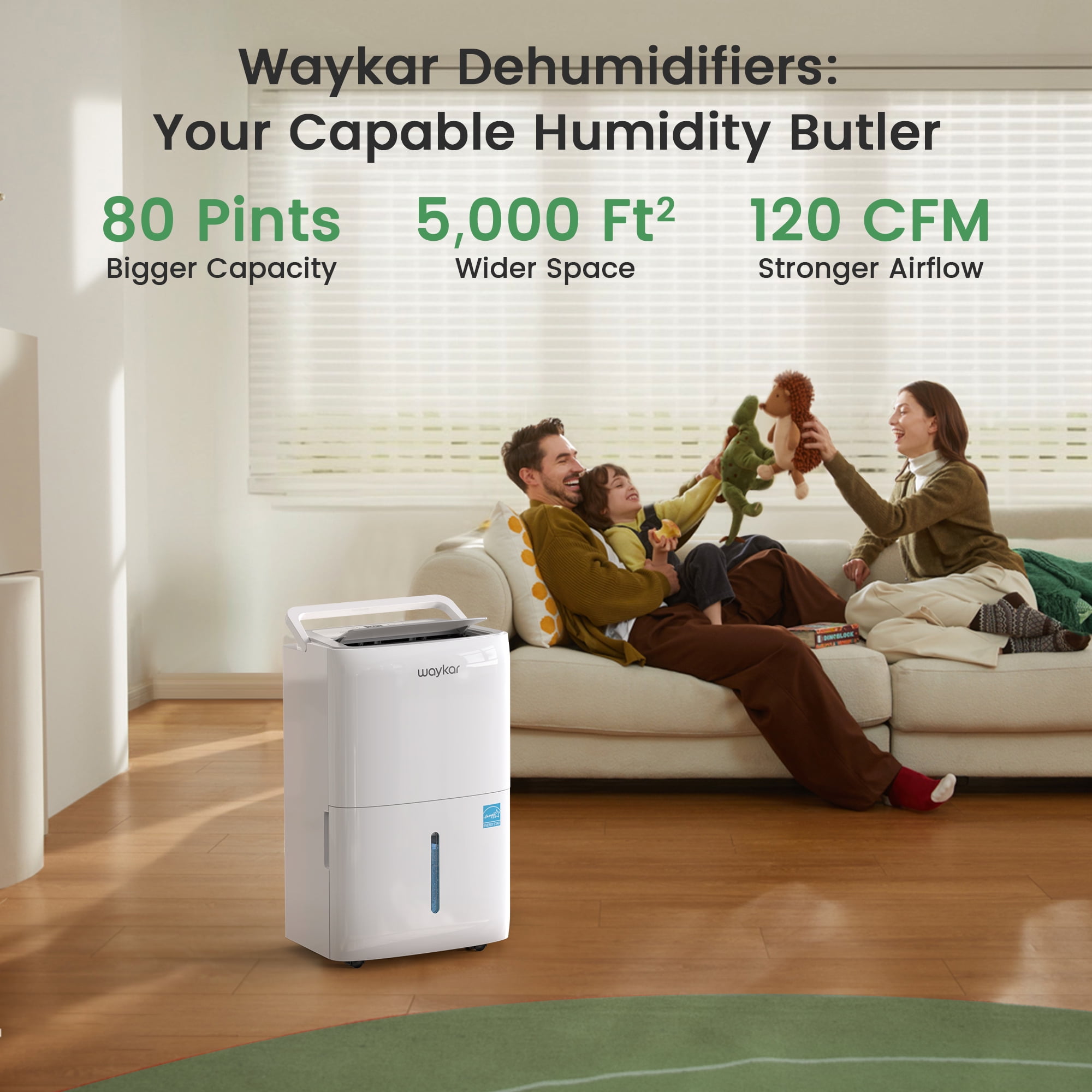 Waykar 80 Pint Dehumidifier for Basements & Home up to 6000 Sq. Ft, No Daily Emptying with Continuous Drain, Auto Defrost, 25 Pint DOE Energy Star