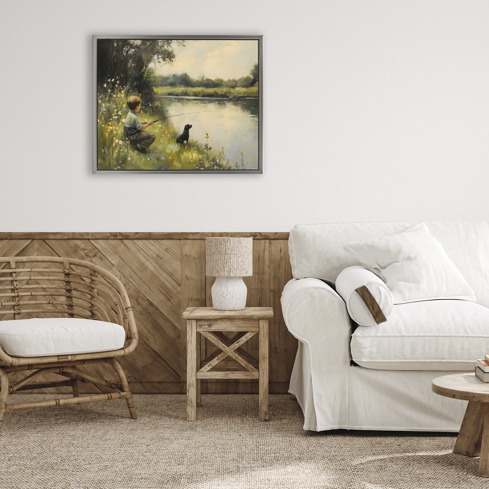Boy & Puppy Fishing Gray Framed Floater Canvas Wall Art, design by Arlington Prints