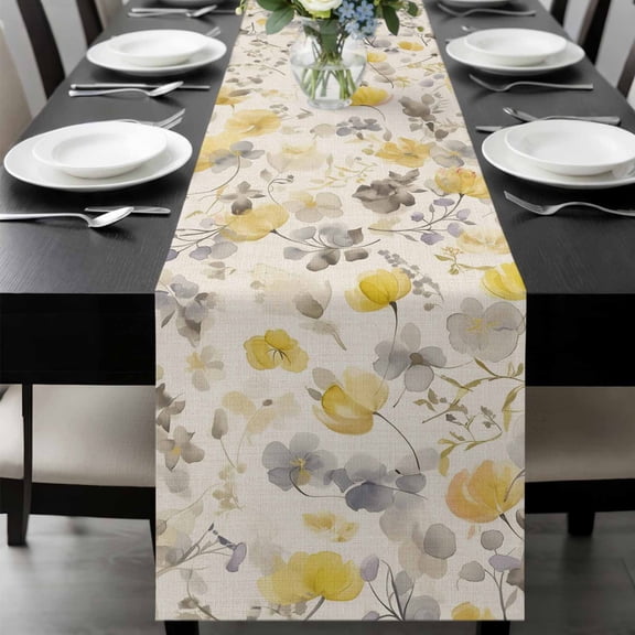 Yellow Grey Botanical Table Runner 70 Inches Long, Spring Floral Watercolor Rustic Kitchen Coffee Dining Table Decoration for Home Party Birthday Wedding Home Decor 13x70 Inches