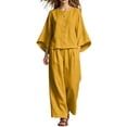 thumbnail image 2 of BRELIL Women Plus Size Two Piece Set Round Neck Batwing Sleeve Tops Wide Leg Pants Casual Loungewear Solid Boho Vacation Outfits Loose Travel Tracksuit, Yellow M, 2 of 7