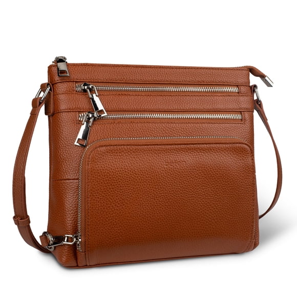 Bandolera con cartera RFID de piel auténtica suave, color coñac