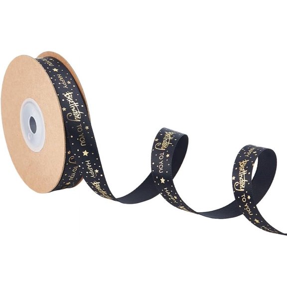 20 Yards Happy Birthday Ribbons 5/8 Inch(15mm) Wide Satin Printing Ribbons DIY Gift Wrapping Ribbon Black Decorative Ribbon with Gold Stamping for Bows Party Supplies for making
