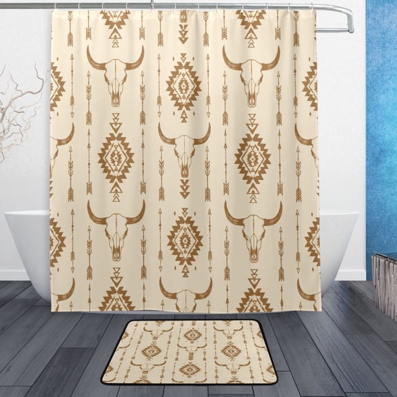 TTYFWHD 60" x 72" Shower Curtain and Bath Mat Set Boho Aztec Cow Skull Design Waterproof Bathroom Curtain with 12 Hooks, Bathroom Decor Set