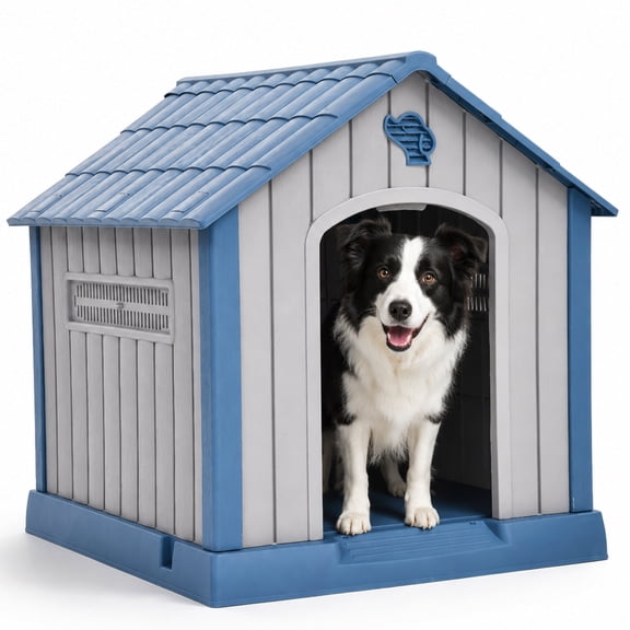 Dextrus Plastic Dog House Outdoor Indoor for Small Medium Large Dogs,Weatherproof Dog Houses with Elevated Floor and Air Vents,Durable Ventilate,34.5''L*31''W*32''H, Black&Grey