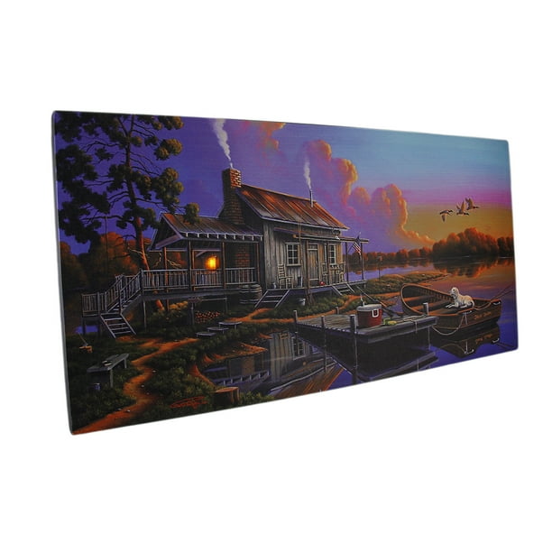 LED Lighted Cabin Lake Sunrise Canvas Wall Art Print 24 X 12 in