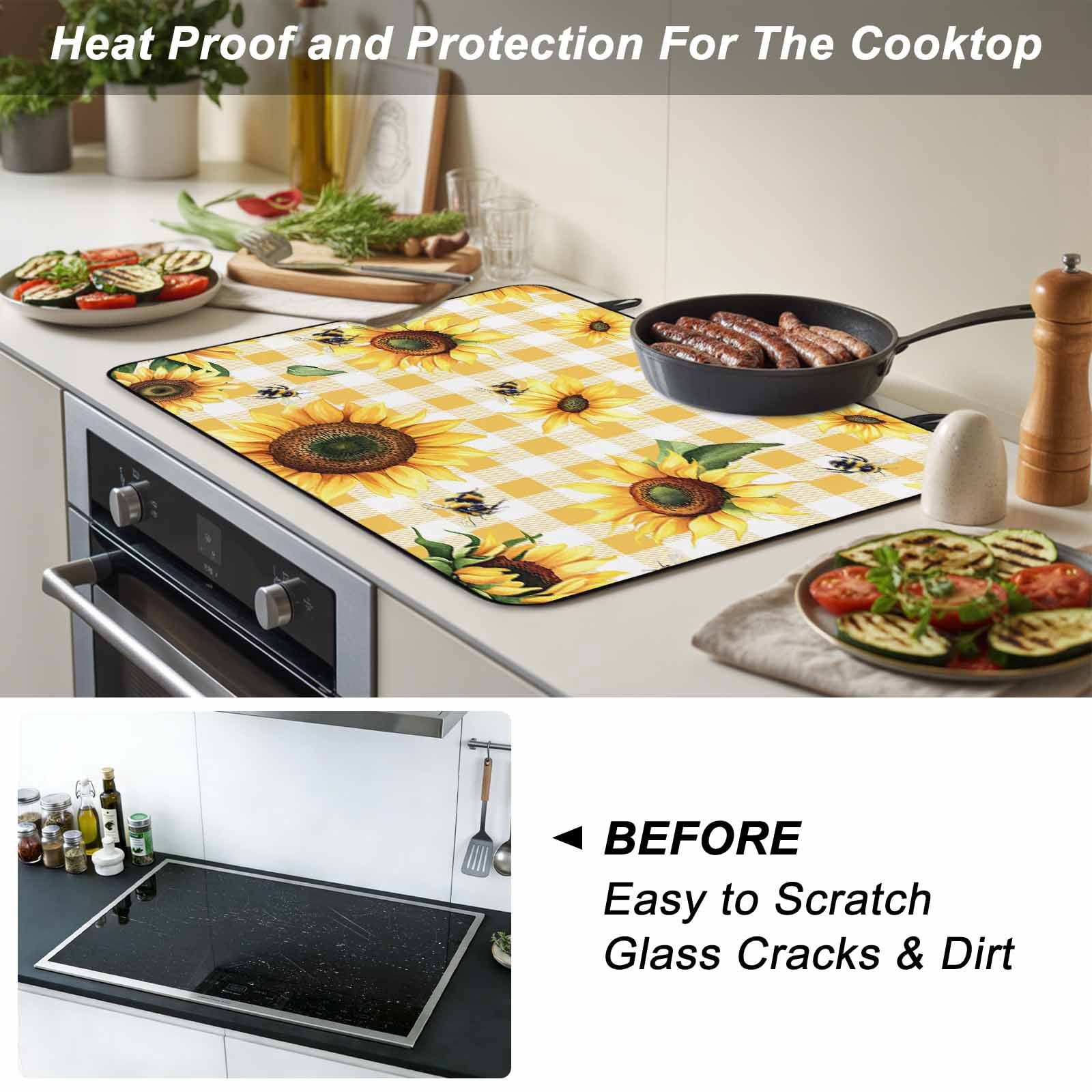 Yellow Sunflower Stove Top Cover for Electric Stove, Heat-proof & Non Slip Glass Top Stove Cover Protector, Vintage Country Bee Plaid Ginger Check Kitchen Flat Cooktop Rubber Mat 31x24 Inches