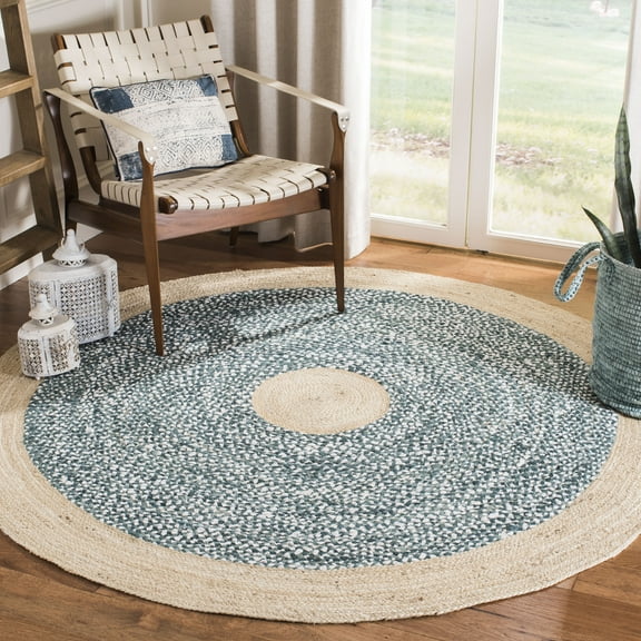 SAFAVIEH Cape Cod Wesley Striped Area Rug, Light Blue/Natural, 5' x 5' Round