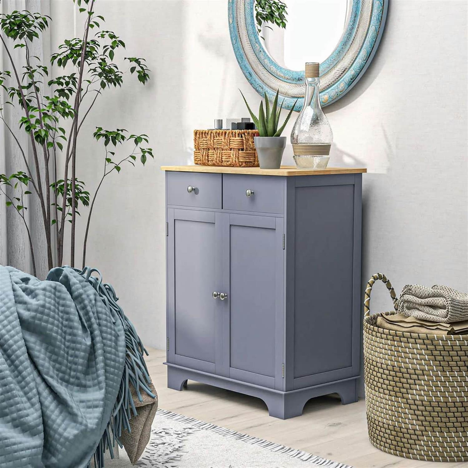 Demi Bonn 33" Kitchen Storage Cabinet Solid Wood Top Sideboard Floor Cupboard, Adjustable Shelf & 2 Drawers for Home Organization, Gray