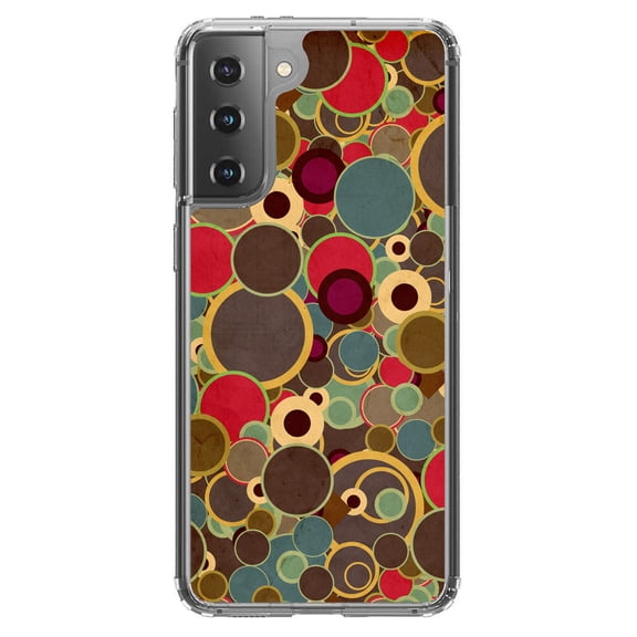 DistinctInk Clear Shockproof Hybrid Case for Galaxy S21 5G (6.2" Screen) - TPU Bumper, Acrylic Back, Tempered Glass Screen Protector - Brown Red Yellow Circles - Relive the 80's