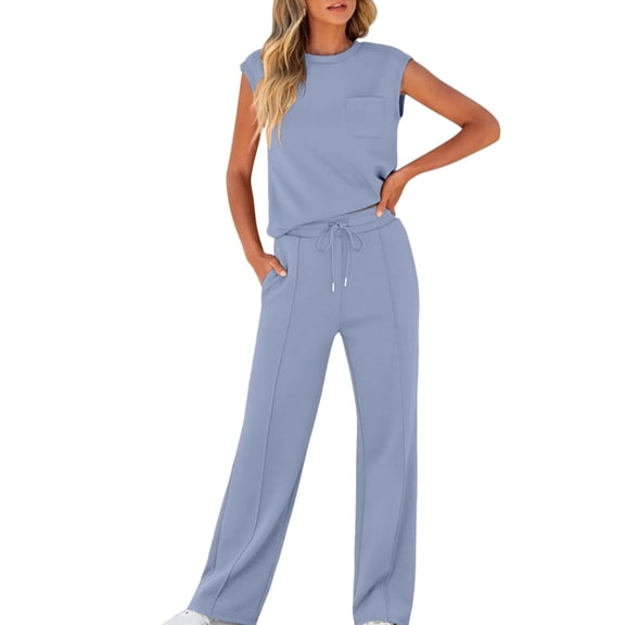 PRINxy Women High Elastic Comfort Two Piece Outfit Summer Crew Neck Sleeveless Top Drawstring Pocket Wide Leg Pants Ladies Outdoor Sports Leisure Set Light Blue M