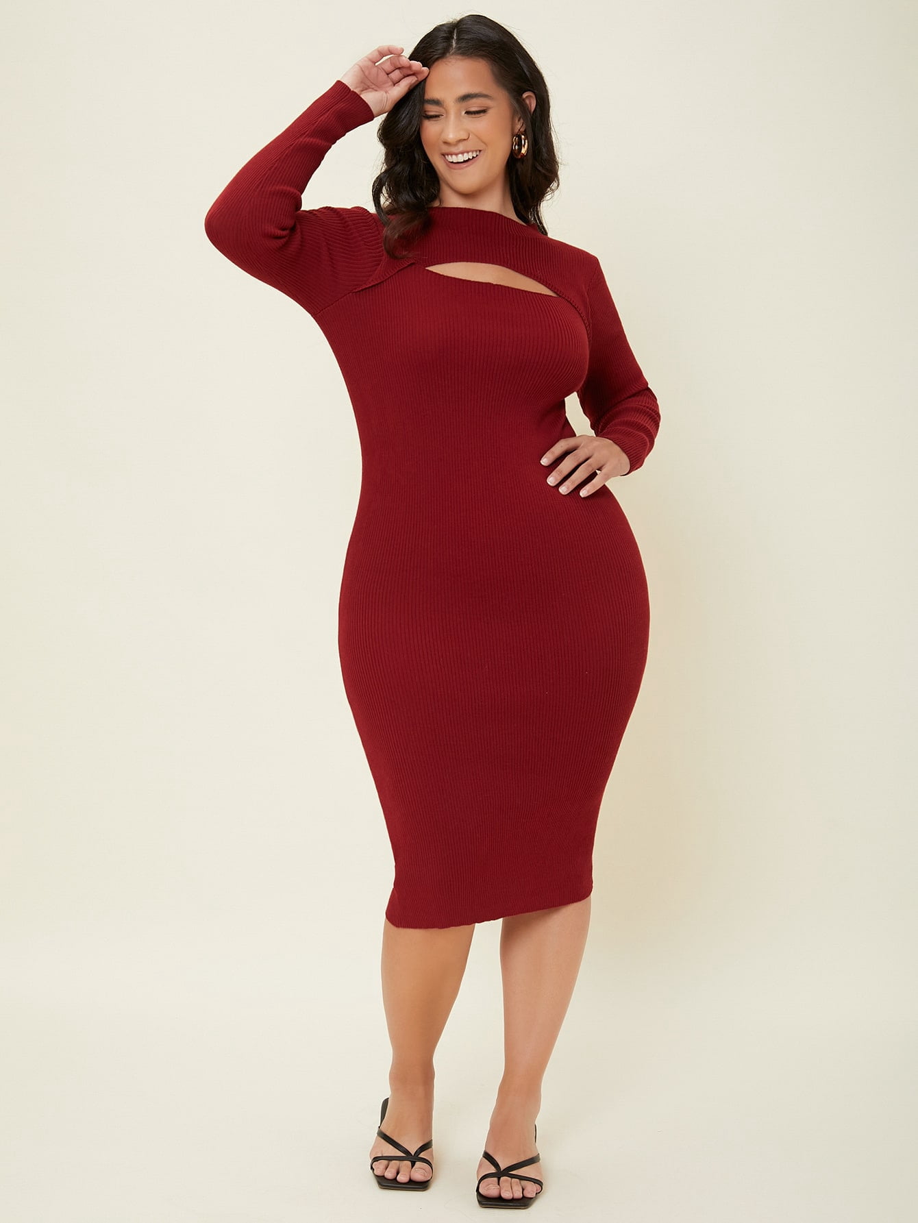 Keyhole Neck Rib knit Sweater Dress 