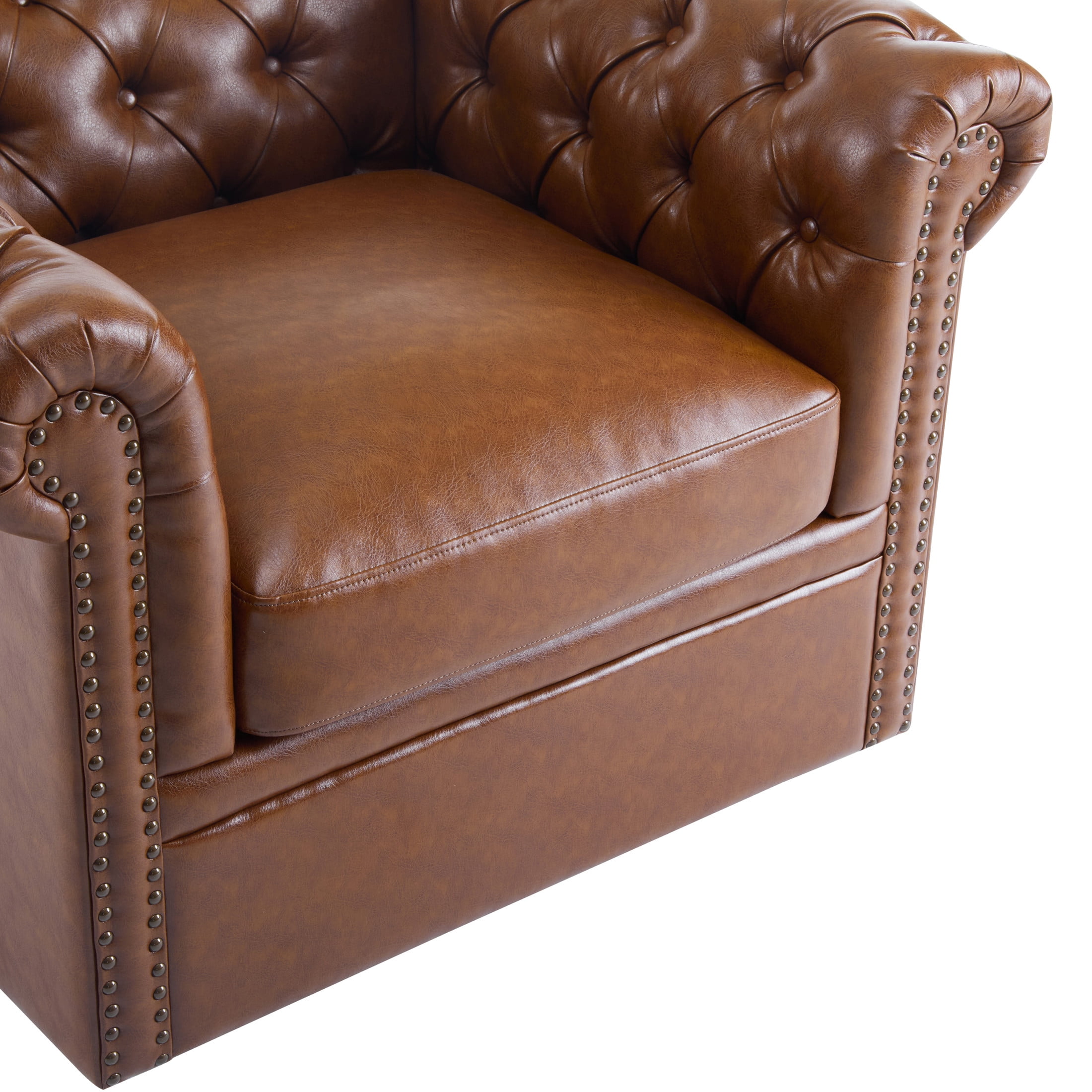 Bentar Upholstered Tufted Chesterfield 360 Degree Swivel Club Chair with Nailhead Trim, Cognac