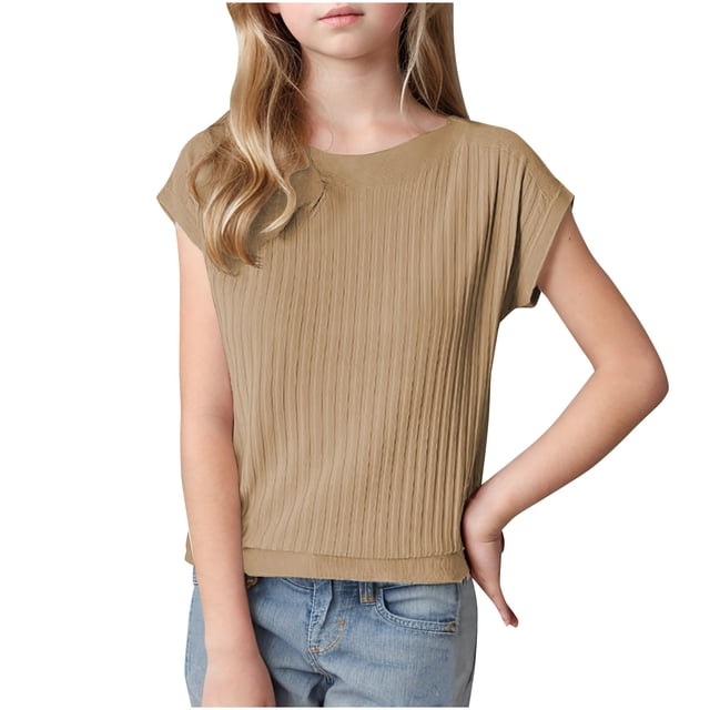 WRKEKC Summer Tops for Teens, Girls Casual Short Sleeve Tops, Summer and Spring Solid Color High Neck Girls Solid Color Short Sleeve Crew-Neck Top Shirt