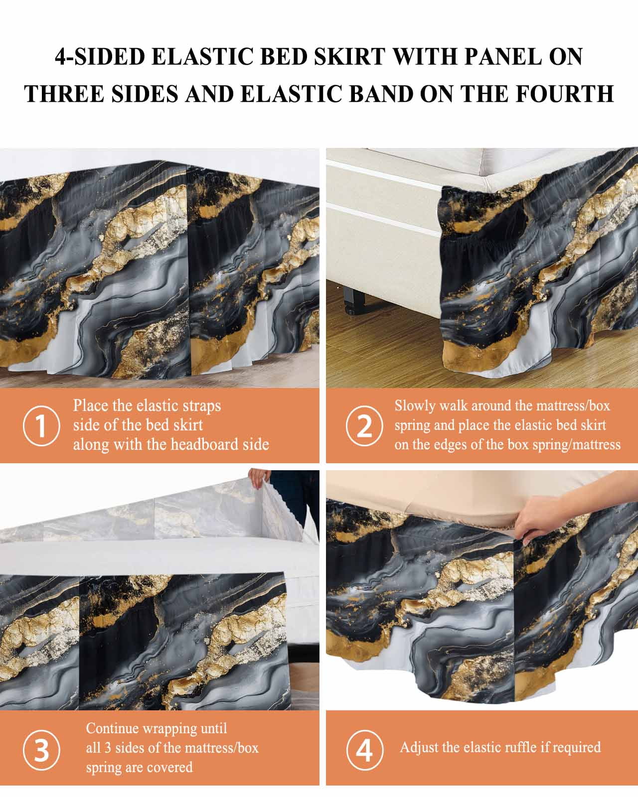 Abstract Marble Texture Bed Skirt Black Gold Crack Gradient Bed Skirts Queen Size 16 Inch Drop, Wrap Around Dust Ruffle&nbsp;Bedskirt with Adjustable Elastic Belt for Queen Size Beds