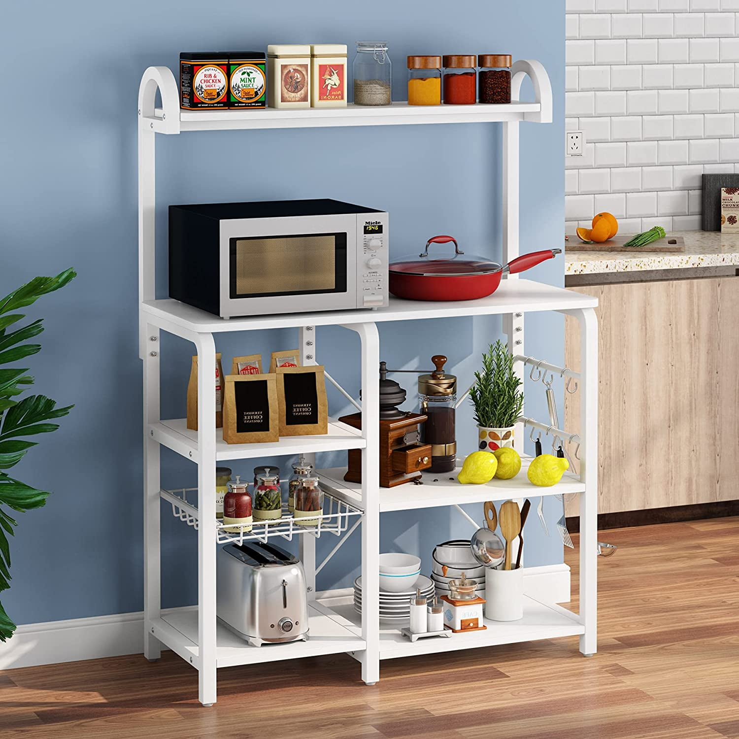 TribeSigns Kitchen Baker’s Rack Microwave Oven Stand with Wire Basket and 6 Hooks, 35.5 inches