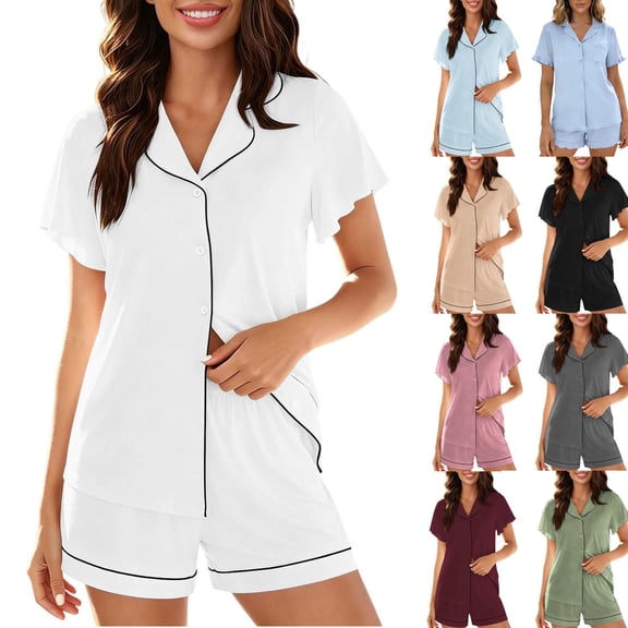 hoksml Women's Ruffle Trim Button-Down Pajama Set, Notch Collar Short Sleeve Top and Elastic Waist Shorts Sleepwear