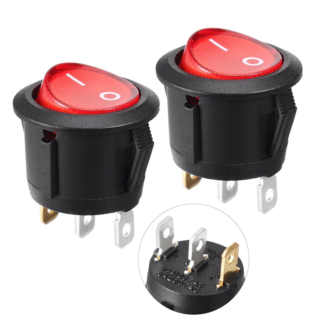 RuiLing 2PCS Snap Round Rocker Power Switch 6A 250V AC 3 Pin SPST Snap-in ON/Off Power Switch Red Button with Light