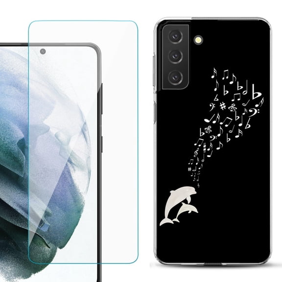 Slim-Fit TPU Fashion Phone Case for Samsung Galaxy S21 FE 5G Fan Edition, with Tempered Glass Screen Protector, by OneToughShield ® - Dolphin Music