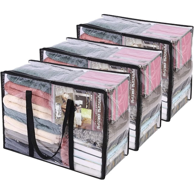 Vieshful Paquete de 3 bolsas de almacenamiento transparentes para edredón, bolsa de almacenamiento de ropa de 40 litros con organizador de armario con cremallera, contenedores de almacenamiento de plá