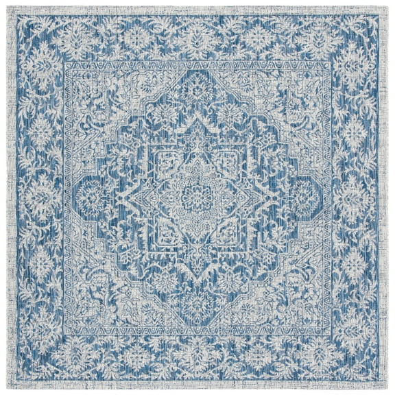 SAFAVIEH Courtyard Joey Medallion Indoor/Outdoor Area Rug, Light Grey/Navy, 6'7" x 6'7" Square